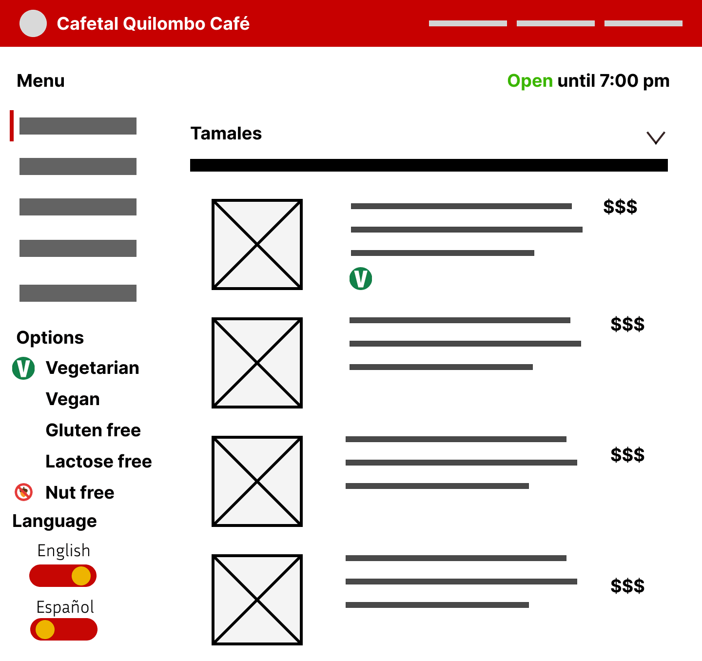 Low Fidelity Menu Mockup