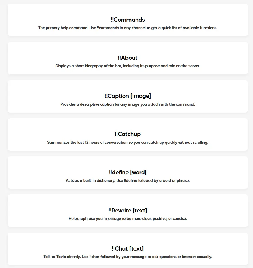 Website Lists Available Commands of Bot